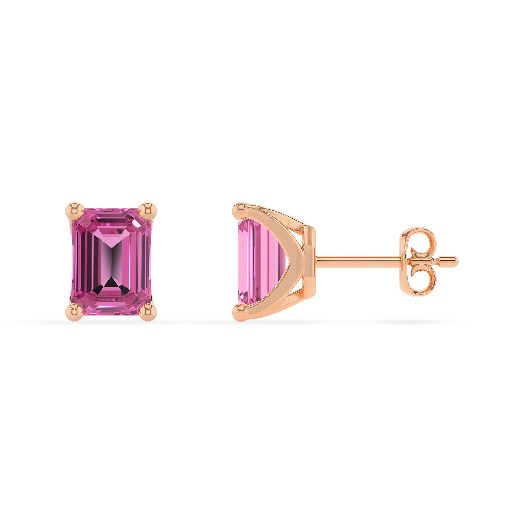 lab grown pink sapphire emerald cut stud earrings in rose gold 