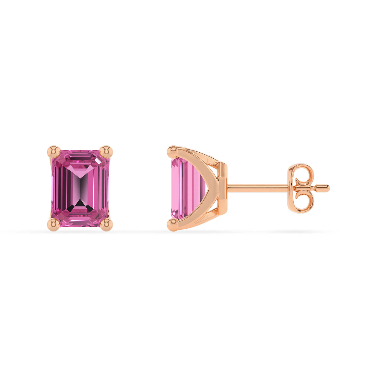 lab grown pink sapphire emerald cut stud earrings in rose gold 