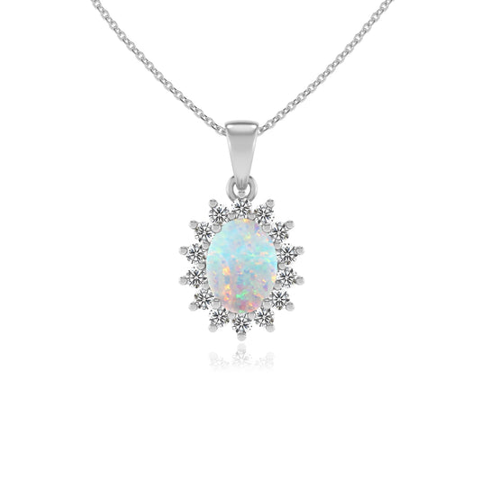 lab grown opal oval halo necklaces in sterling silver 