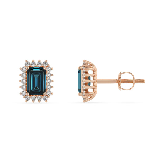 natural london blue topaz emerald cut stud earrings in rose gold 