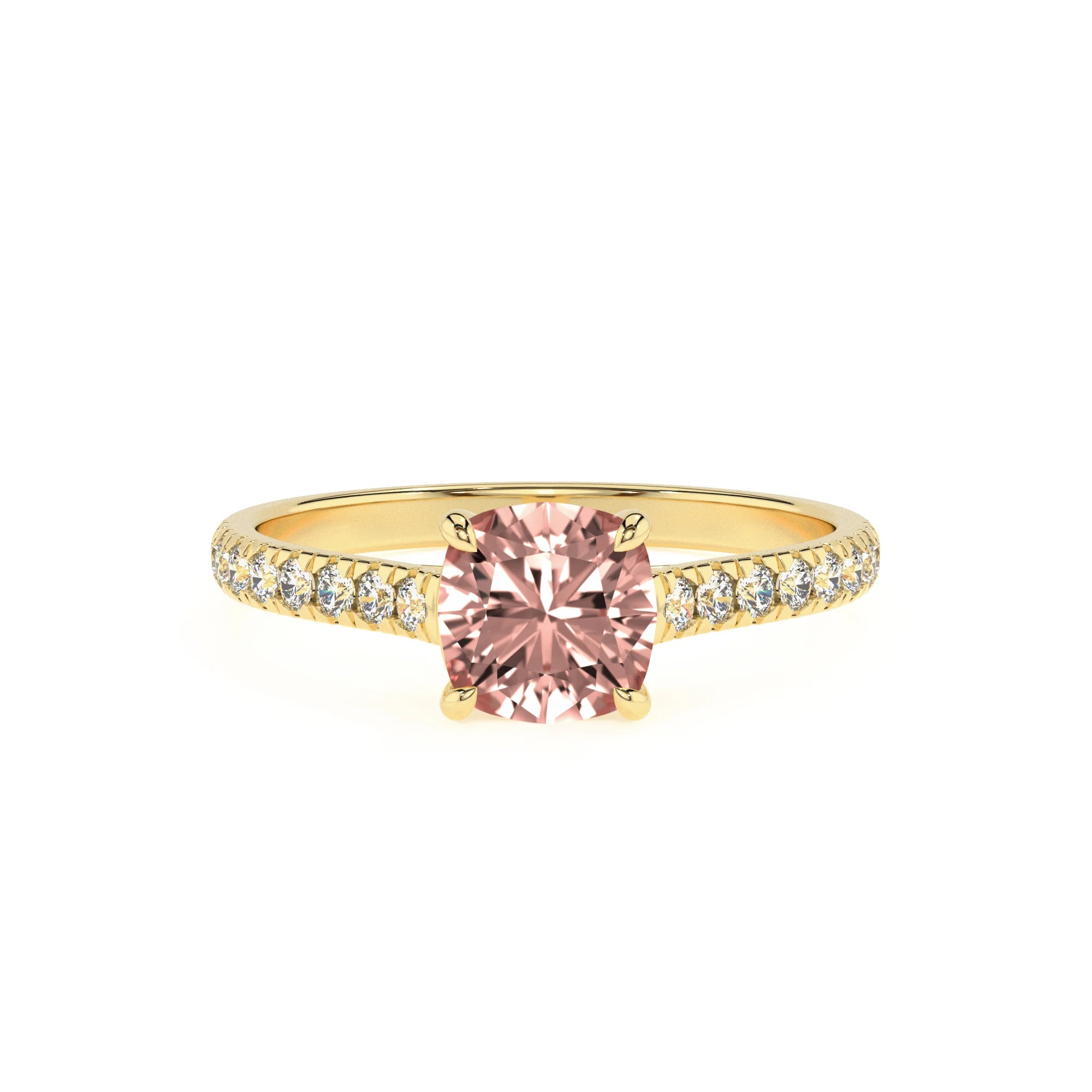 lab grown morganite cushion half eternity solitaire engagement rings in yellow gold 