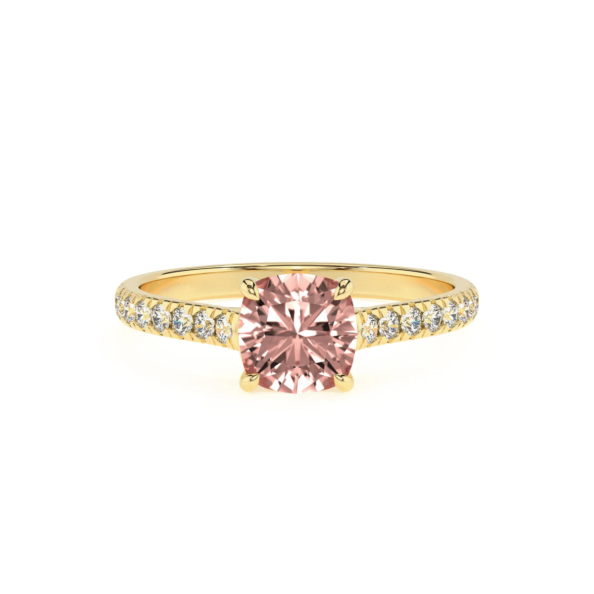 lab grown morganite cushion half eternity solitaire engagement rings in yellow gold 