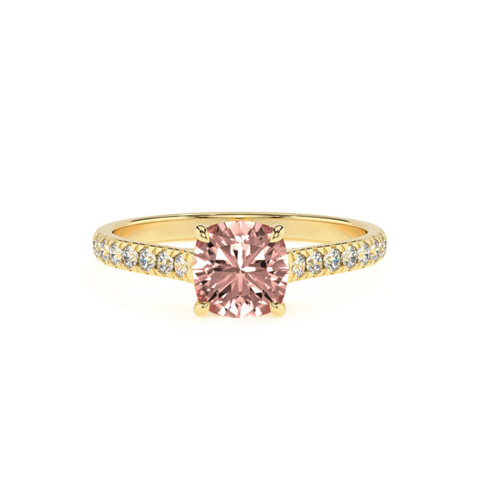 lab grown morganite cushion half eternity solitaire engagement rings in yellow gold 
