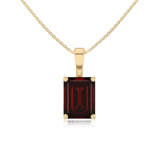 natural garnet emerald cut solitaire necklaces in yellow gold 