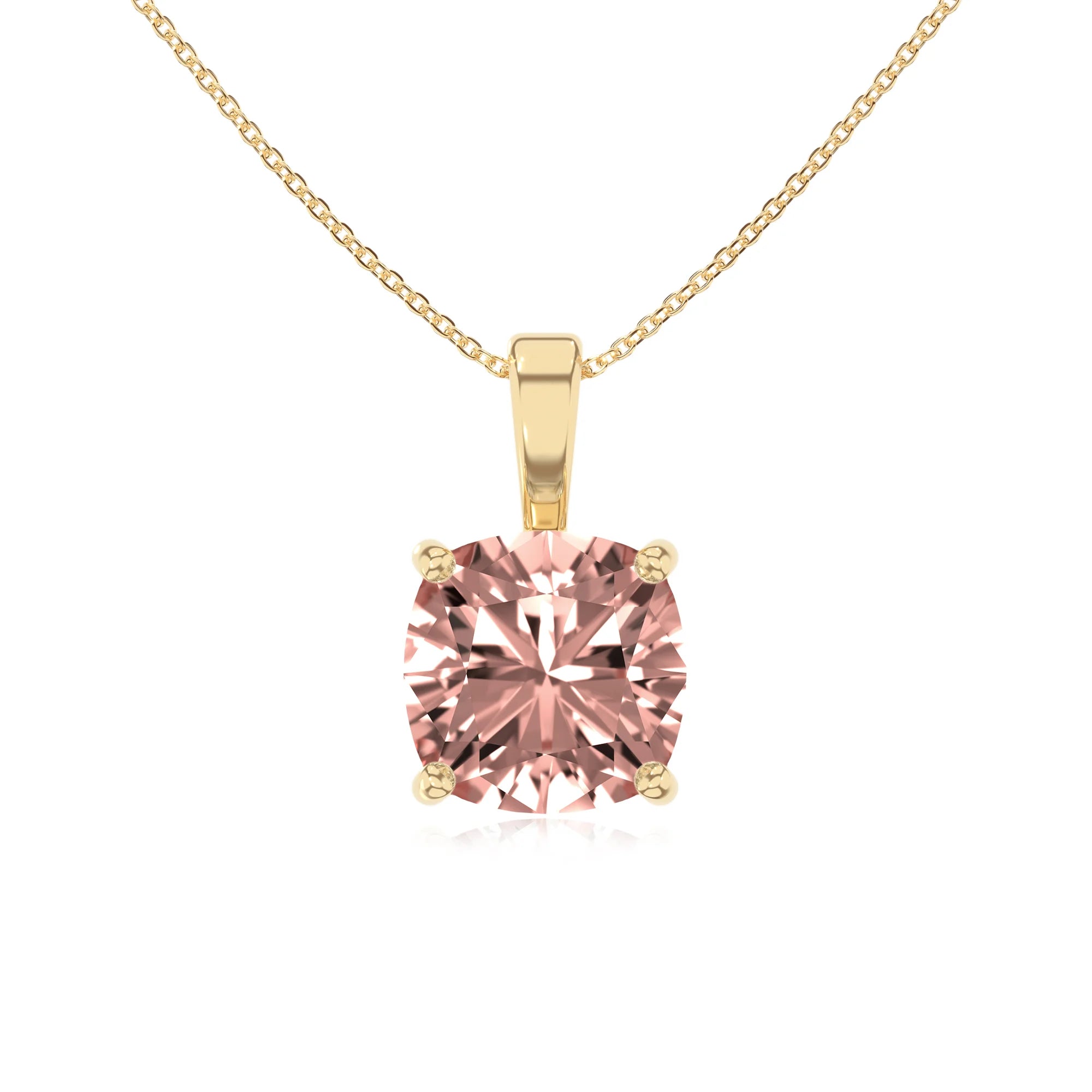 lab grown morganite cushion solitaire necklaces in yellow gold 