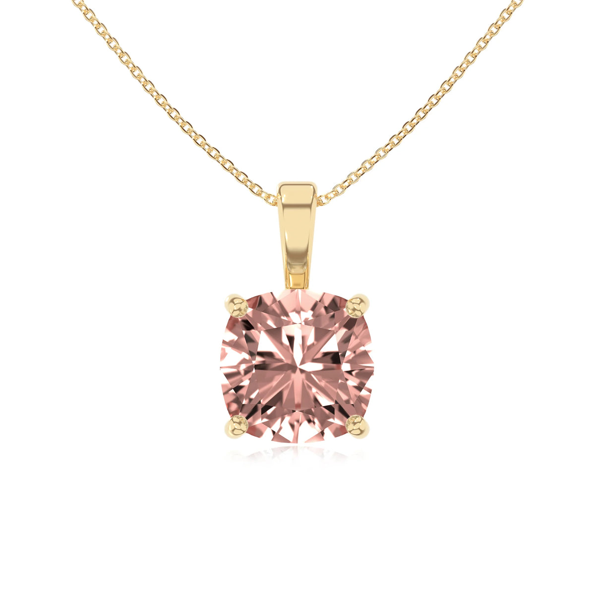lab grown morganite cushion solitaire necklaces in yellow gold 