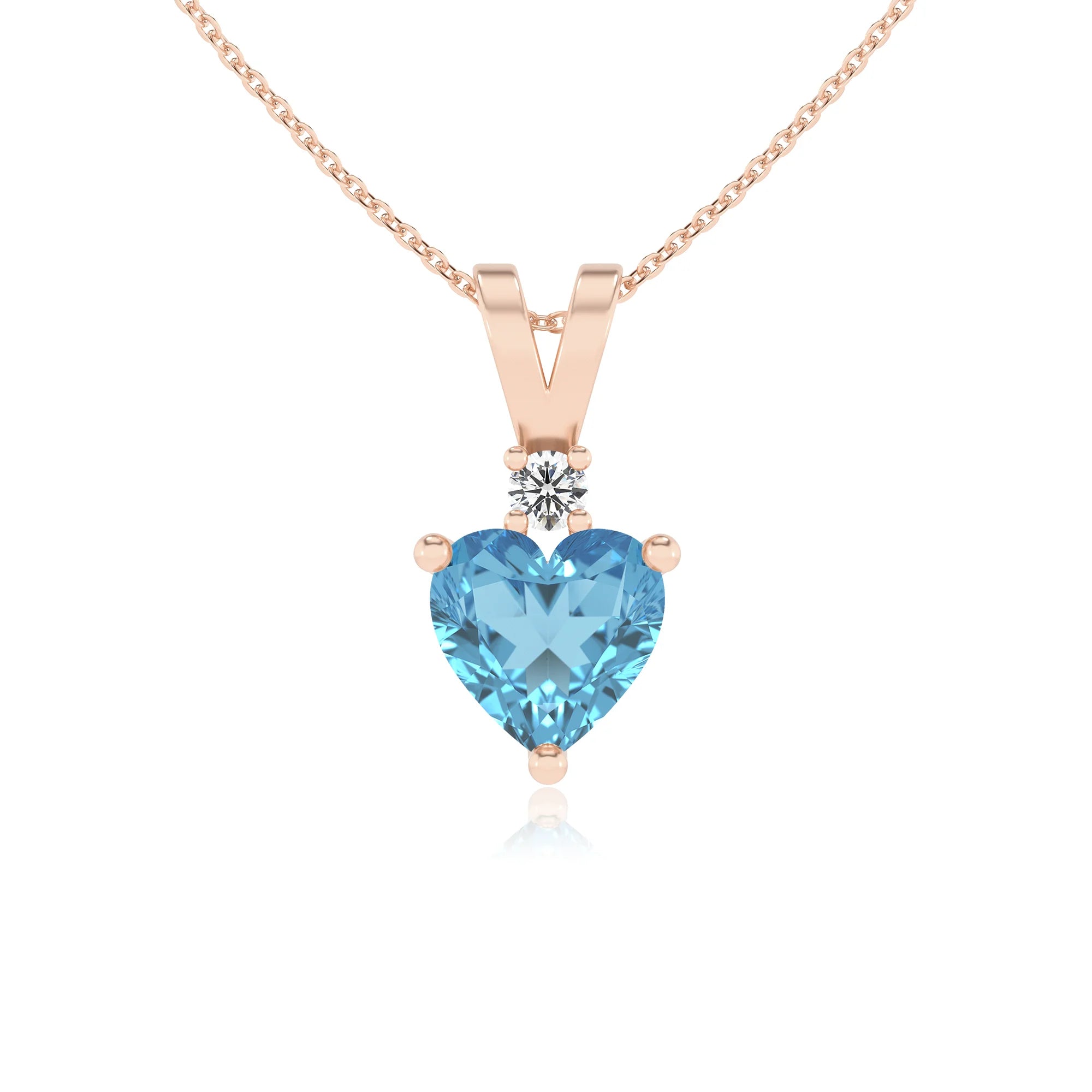 natural swiss-blue-topaz heart solitaire v-bale necklaces in rose gold 