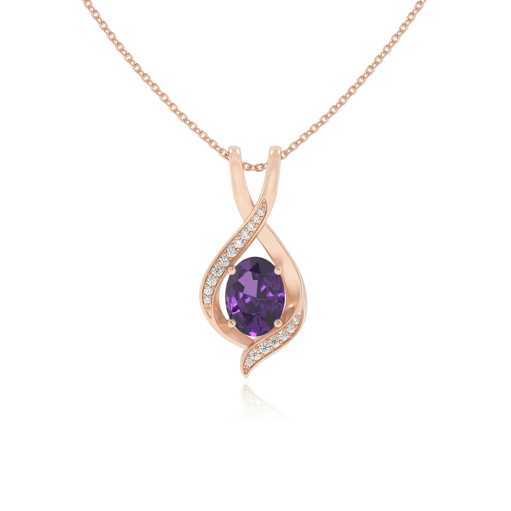 lab grown amethyst oval solitaire necklaces in rose gold 