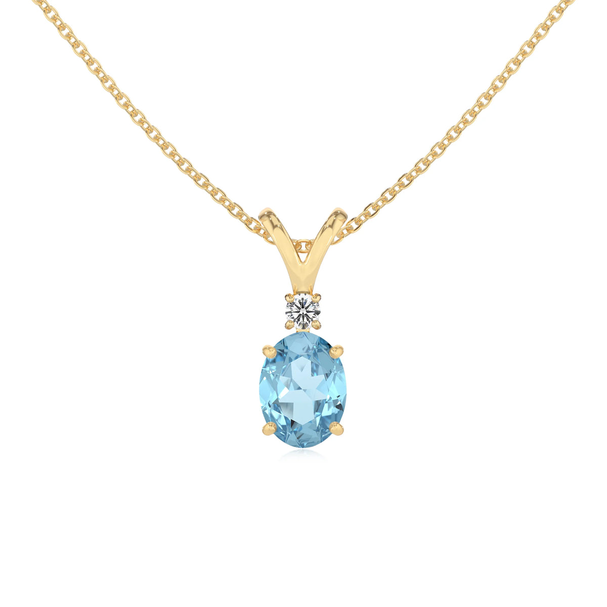 lab grown aquamarine oval solitaire v-bale necklaces in yellow gold 