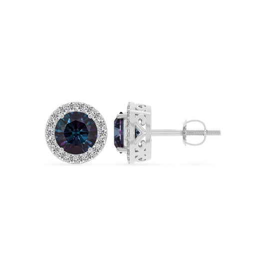 lab grown alexandrite round stud earrings in white gold 