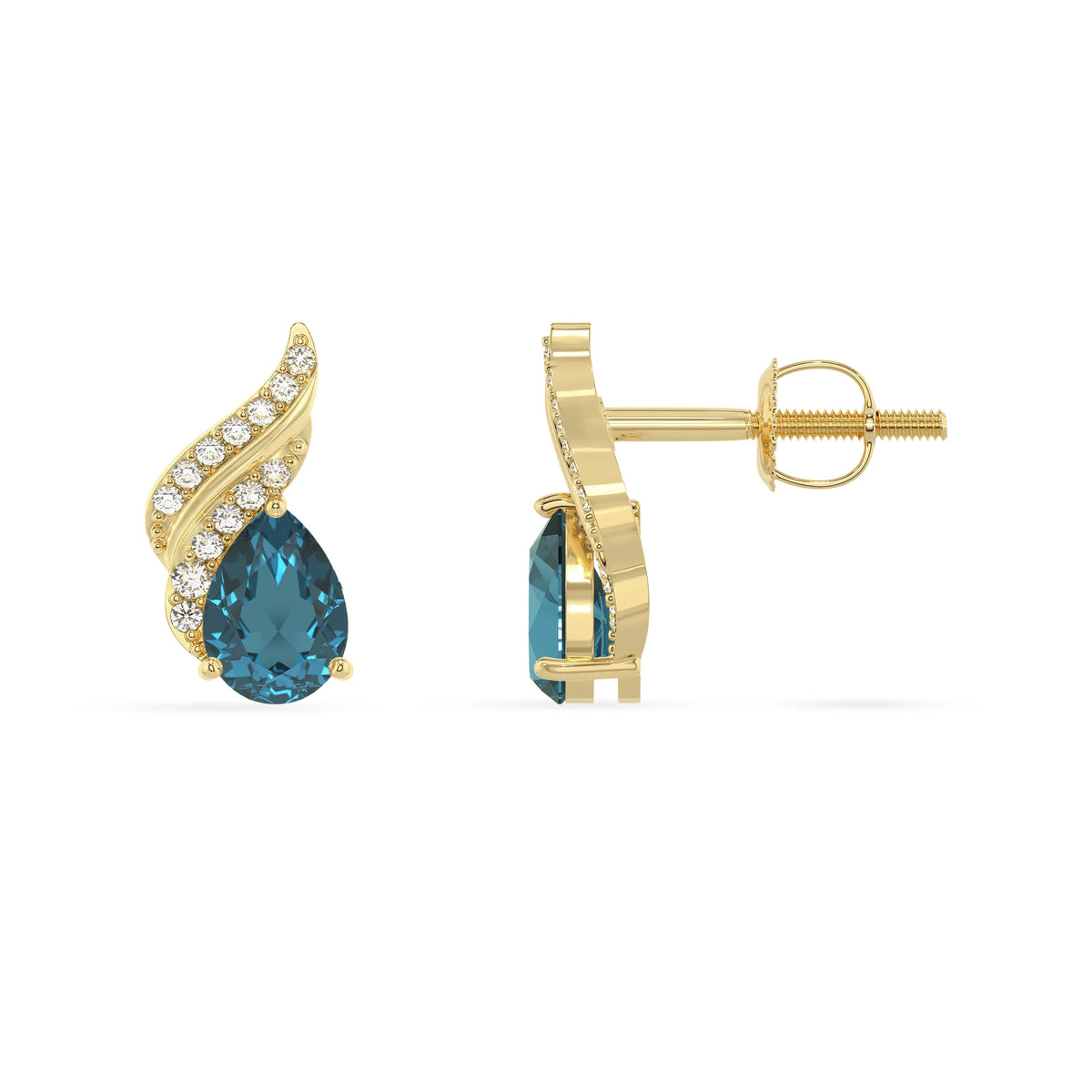 natural london blue topaz pear stud earrings in yellow gold 