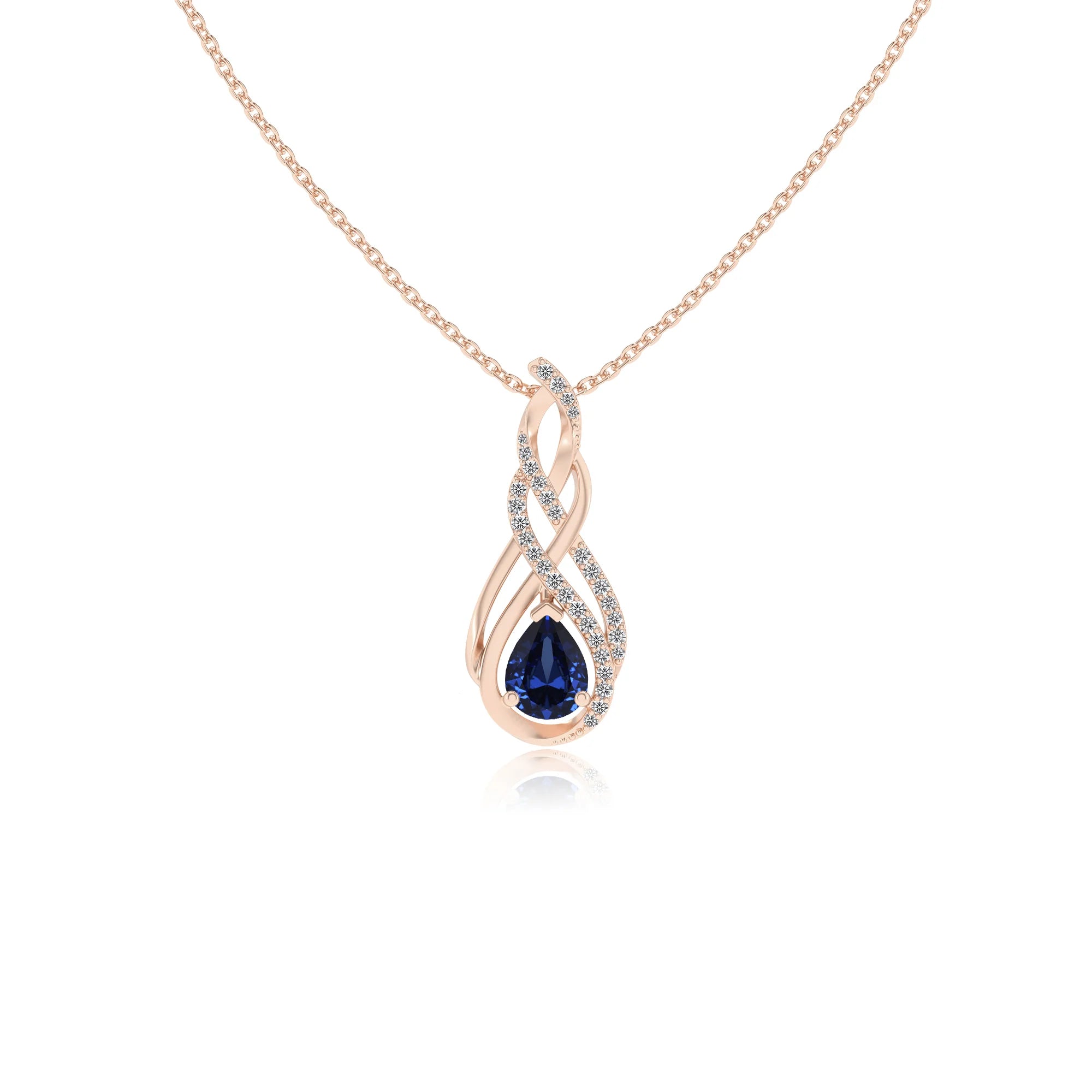 lab grown blue-sapphire pear solitaire necklaces in rose gold 