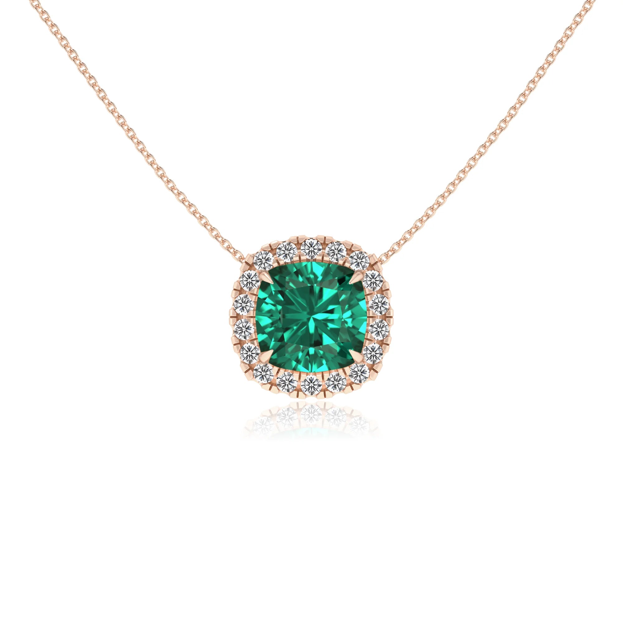 lab grown emerald cushion solitaire necklaces in rose gold 