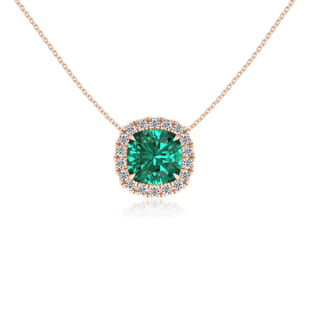 lab grown emerald cushion solitaire necklaces in rose gold 