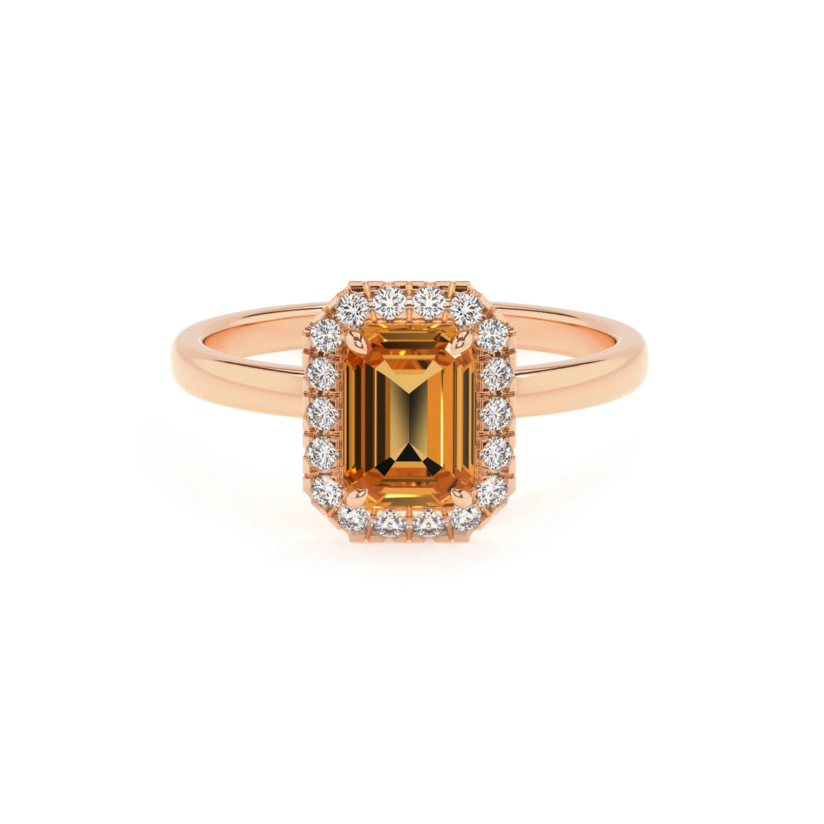 lab grown citrine emerald cut solitaire rings in rose gold 