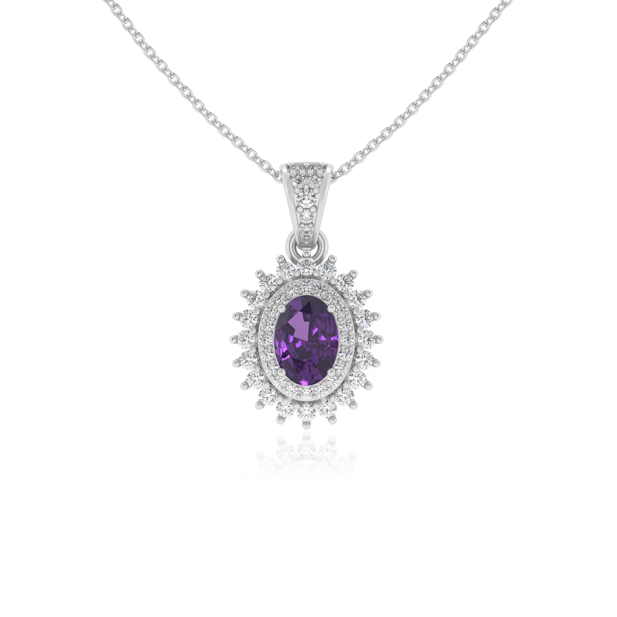 lab grown amethyst oval halo necklaces in white gold 