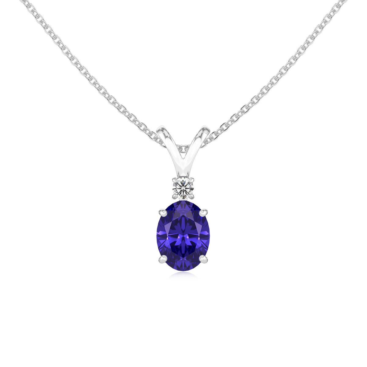 lab grown tanzanite oval solitaire v-bale necklaces in white gold 
