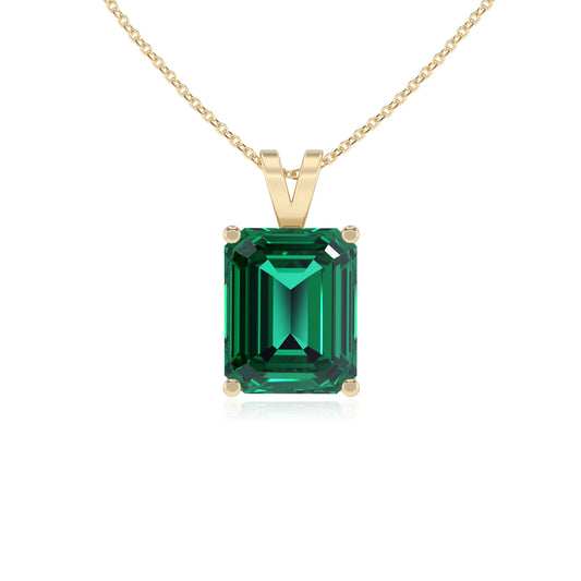 lab grown emerald octogon cut solitaire v-bale necklaces in yellow gold 