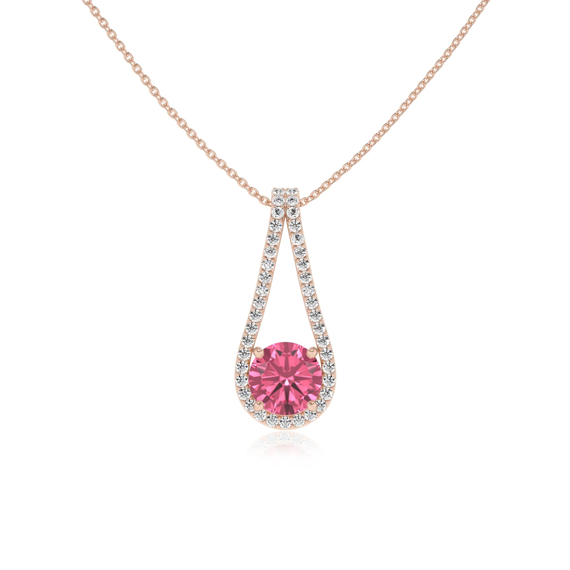 lab grown pink-tourmaline round solitaire v-bale necklaces in rose gold 