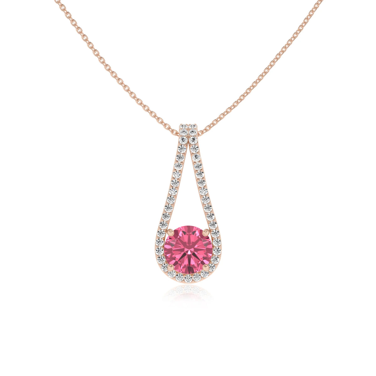 lab grown pink-tourmaline round solitaire v-bale necklaces in rose gold 