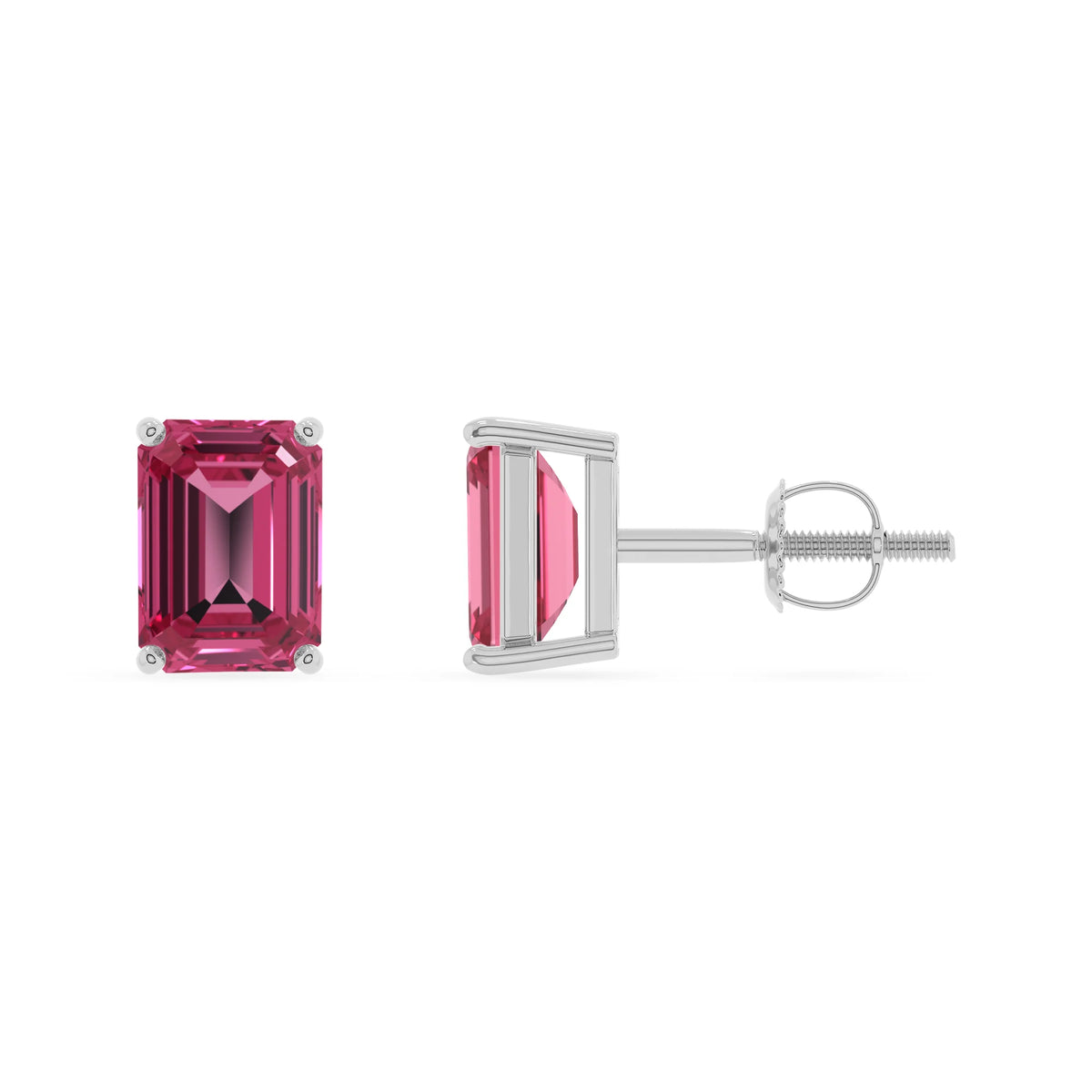 lab grown pink tourmaline emerald cut stud earrings in platinum 