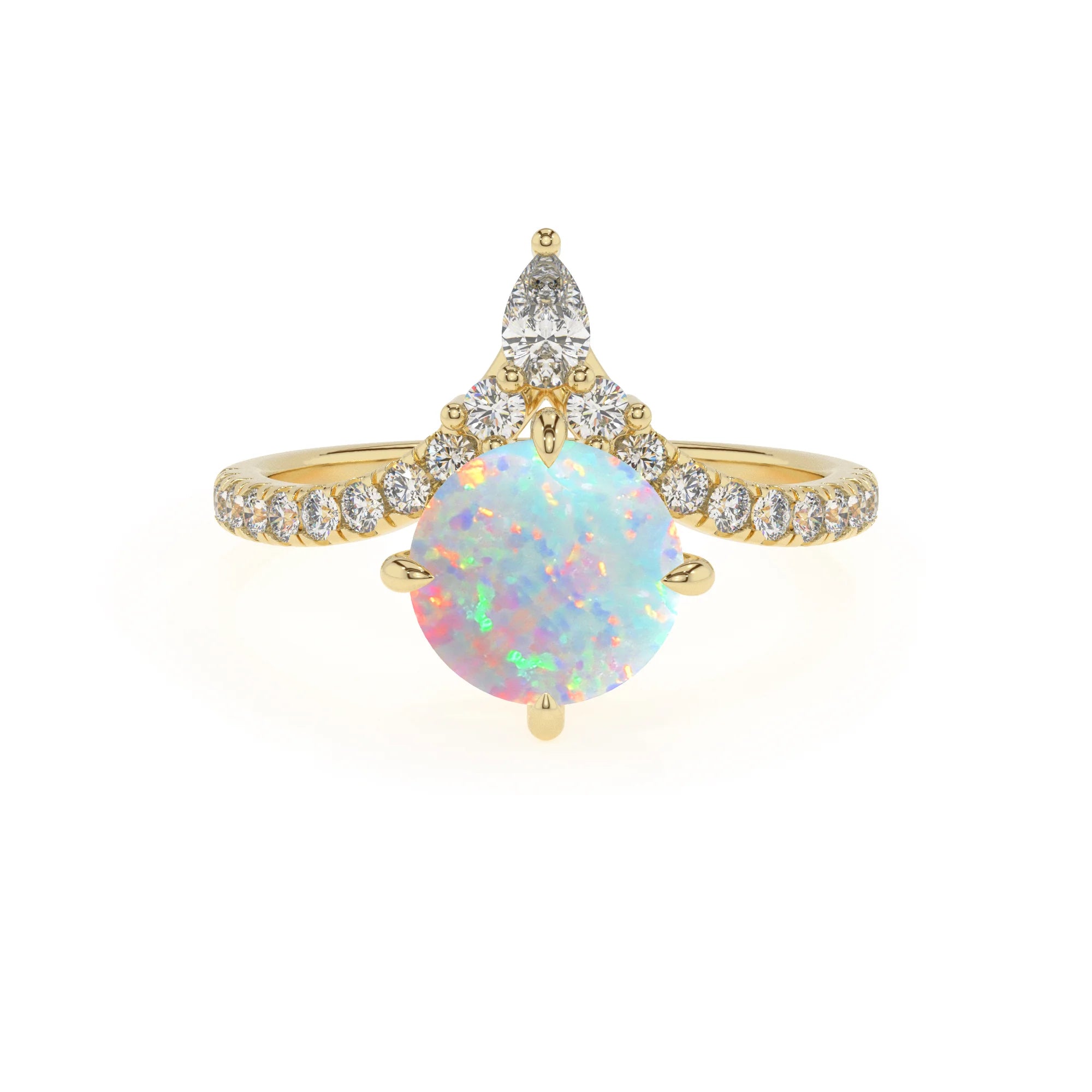lab grown opal round solitaire rings in yellow gold 