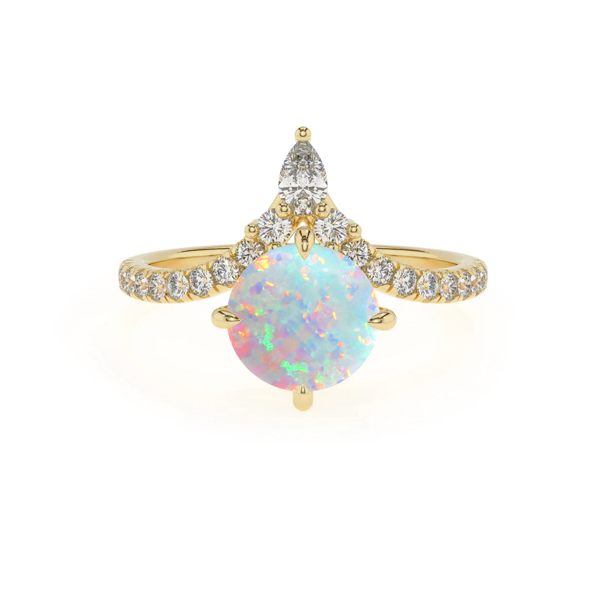 lab grown opal round solitaire rings in yellow gold 