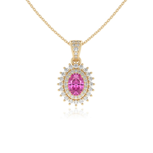 lab grown pink-sapphire oval halo necklaces in yellow gold 