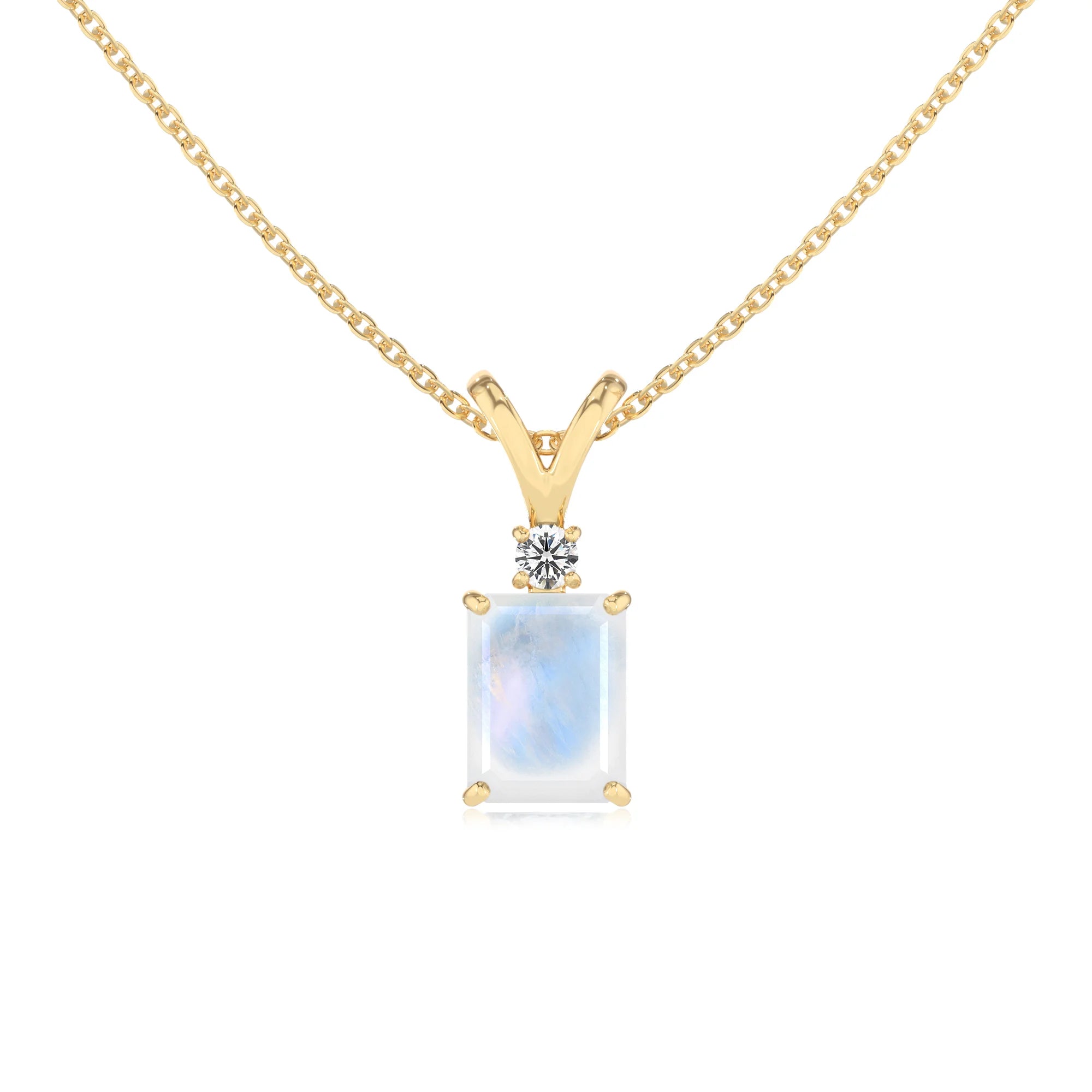 natural rainbow-moonstone emerald cut solitaire v-bale necklaces in yellow gold 