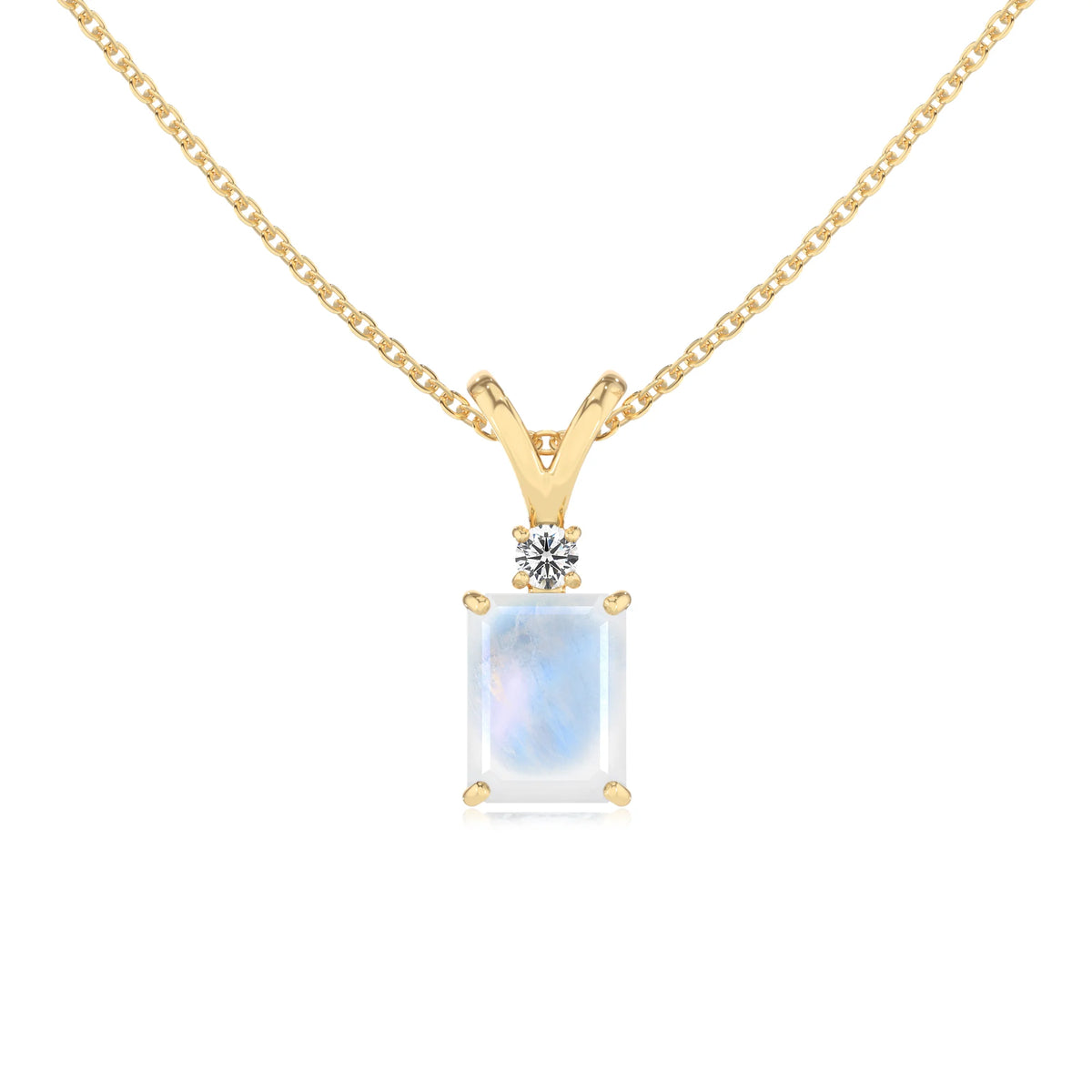 natural rainbow-moonstone emerald cut solitaire v-bale necklaces in yellow gold 