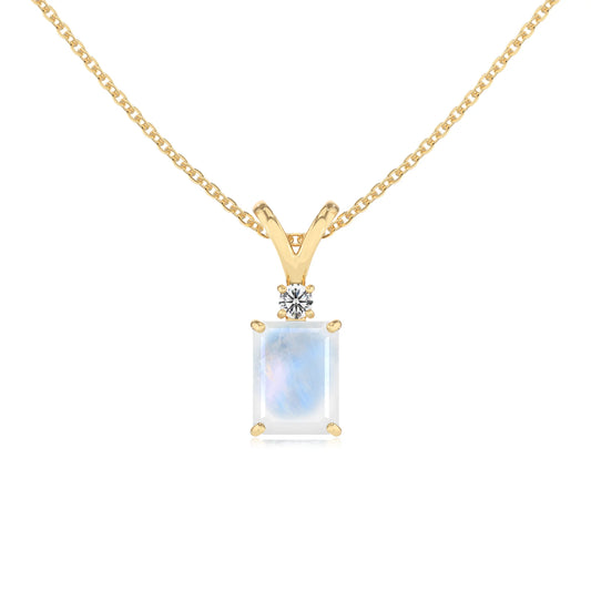 natural rainbow-moonstone emerald cut solitaire v-bale necklaces in yellow gold 