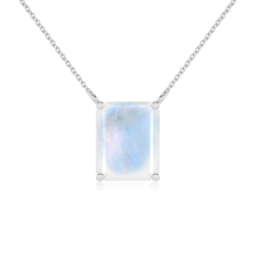 natural rainbow-moonstone emerald cut solitaire necklaces in white gold 