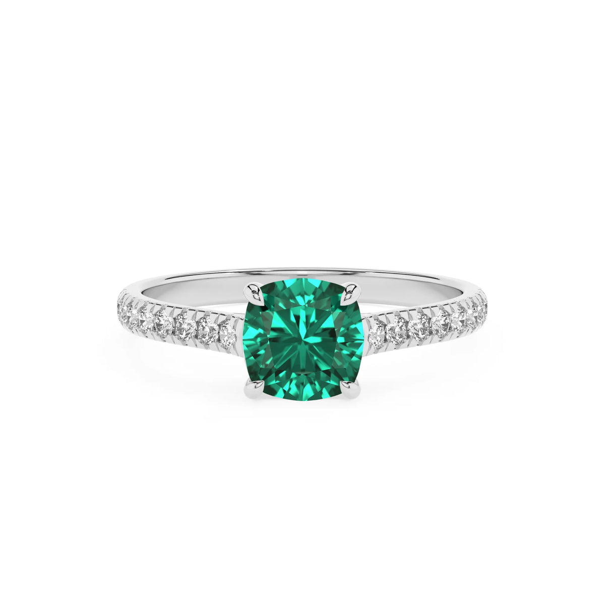 lab grown emerald cushion half eternity solitaire engagement rings in sterling silver 
