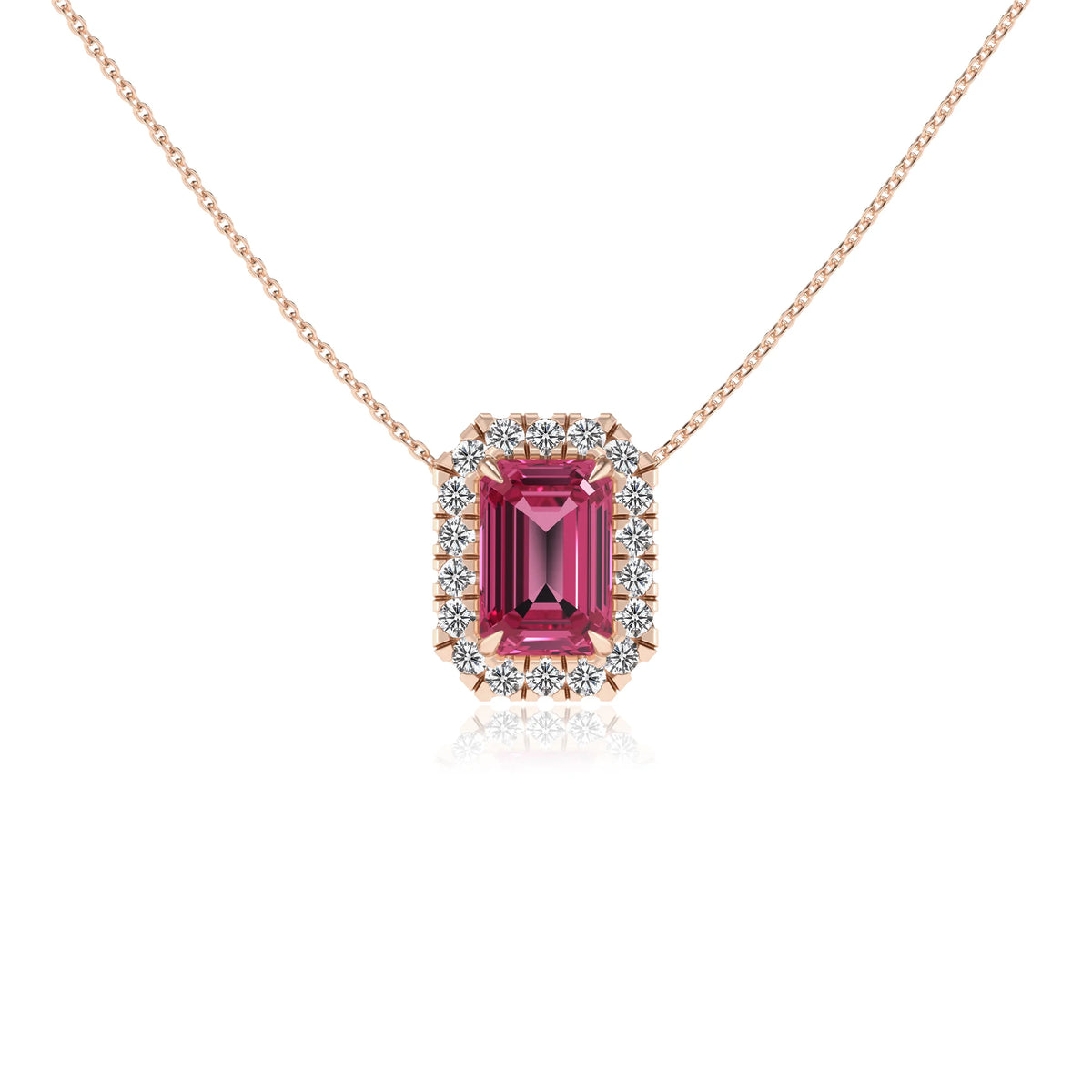 lab grown pink tourmaline emerald cut solitaire necklaces in rose gold 