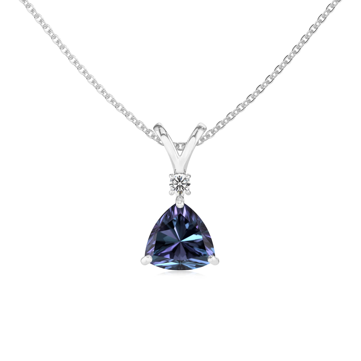 lab grown alexandrite trillion solitaire v-bale necklaces in sterling silver 