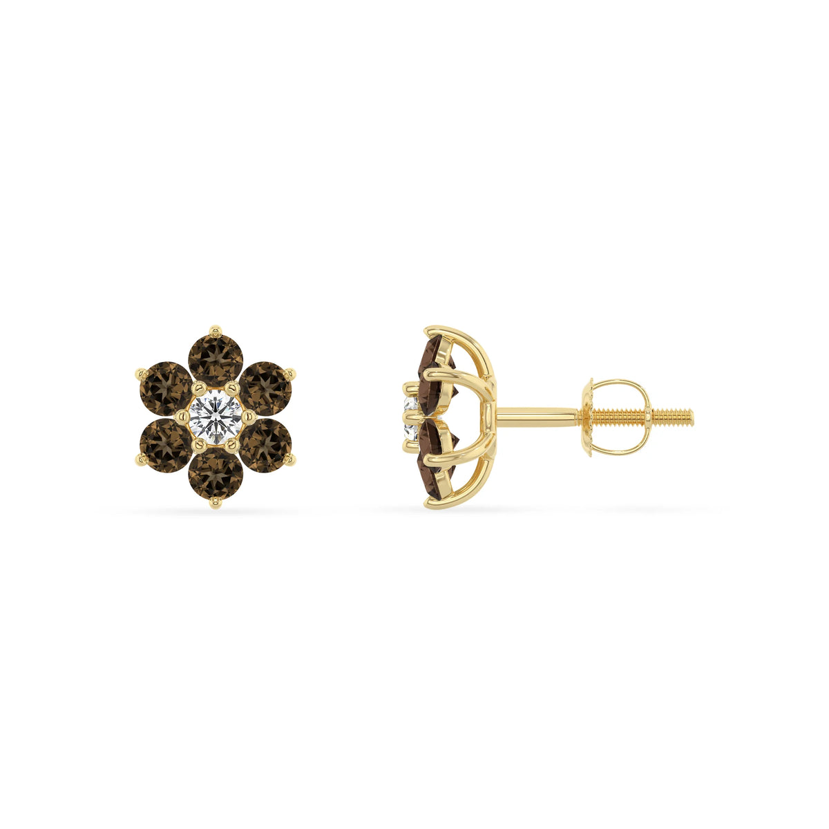 Natural Smoky Quartz Round Stud Earrings with Diamond