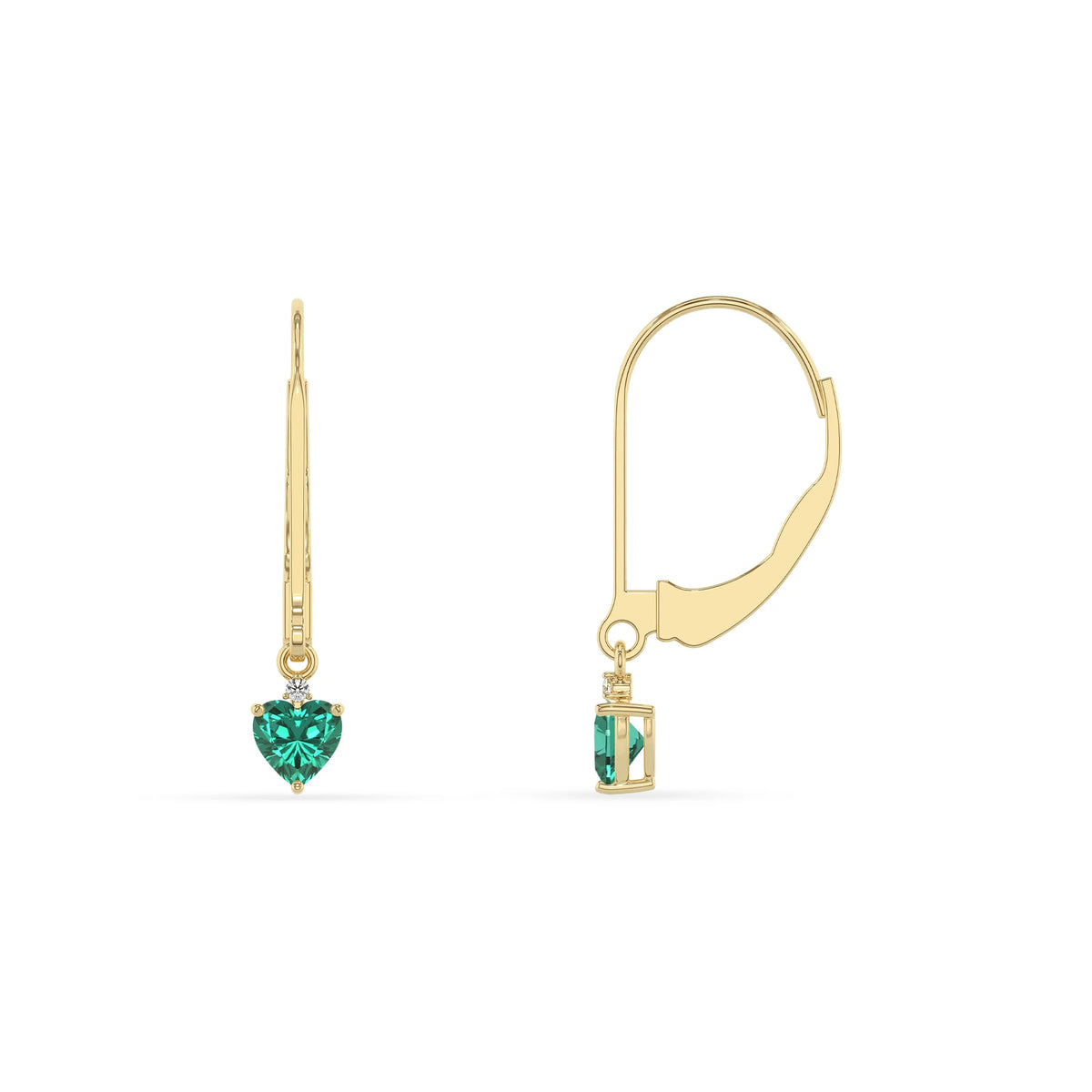 lab grown emerald heart drop earrings in yellow gold 