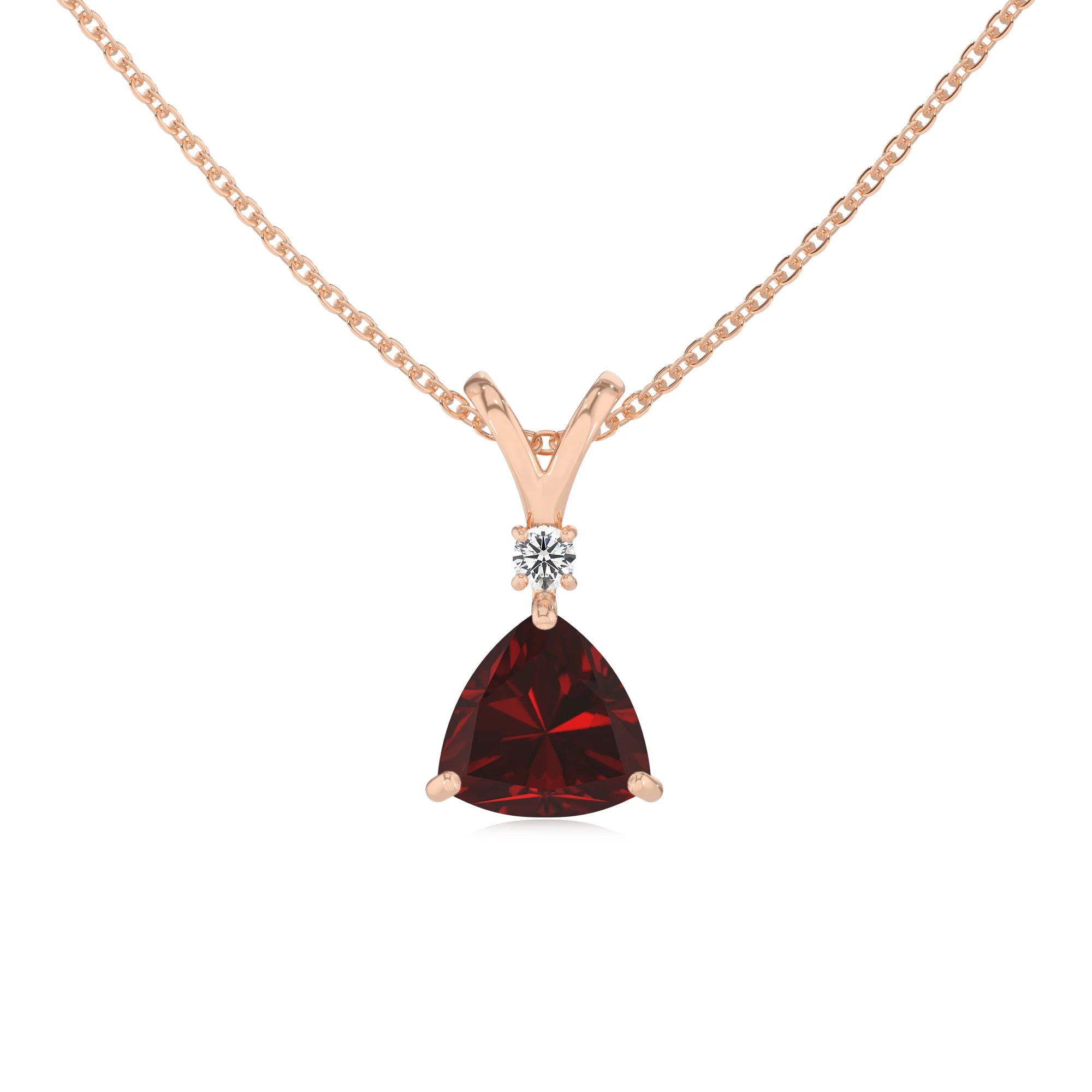 natural garnet trillion solitaire v-bale necklaces in rose gold 