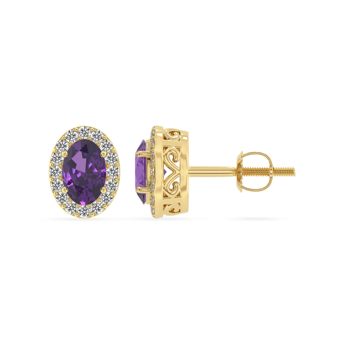 lab grown amethyst oval stud earrings in yellow gold 