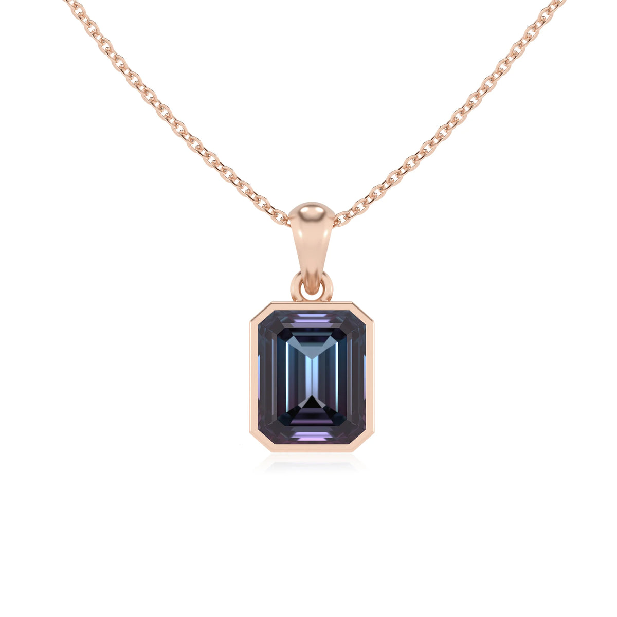 lab grown alexandrite emerald cut solitaire necklaces in rose gold 
