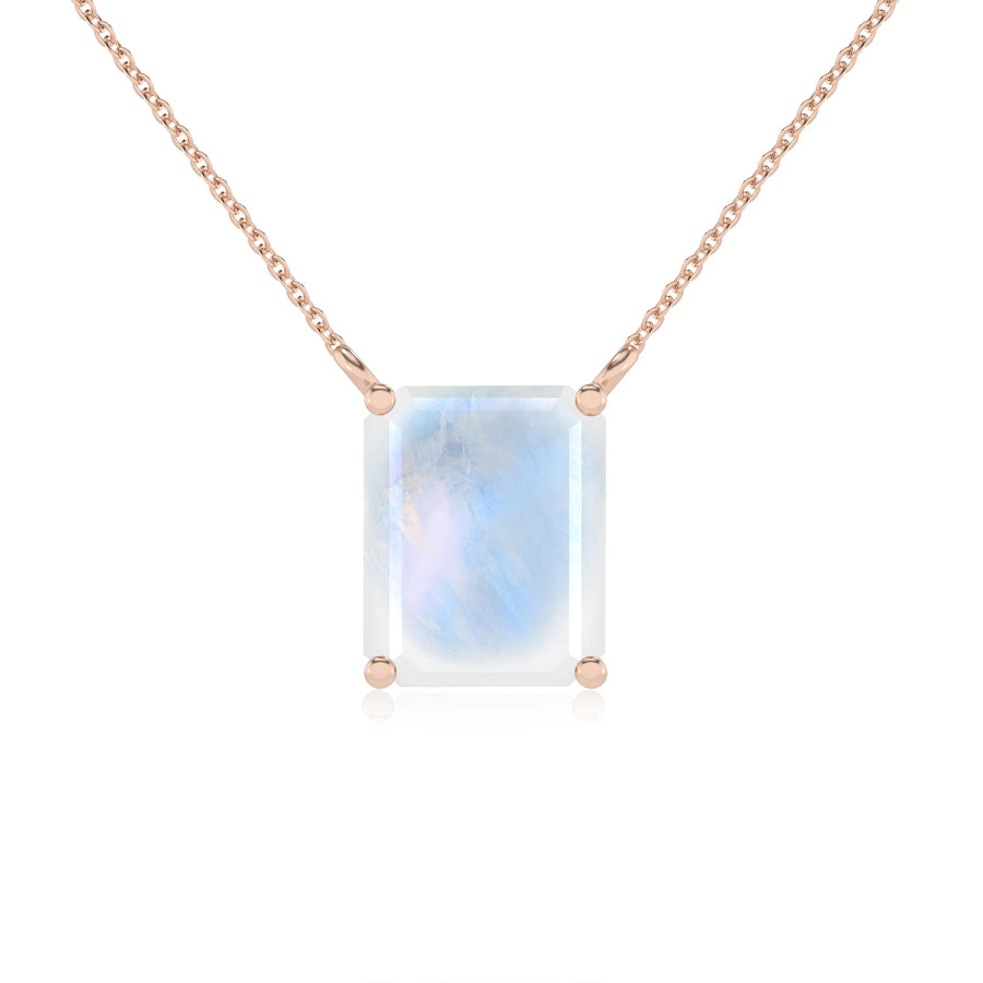 natural rainbow-moonstone emerald cut solitaire necklaces in rose gold 