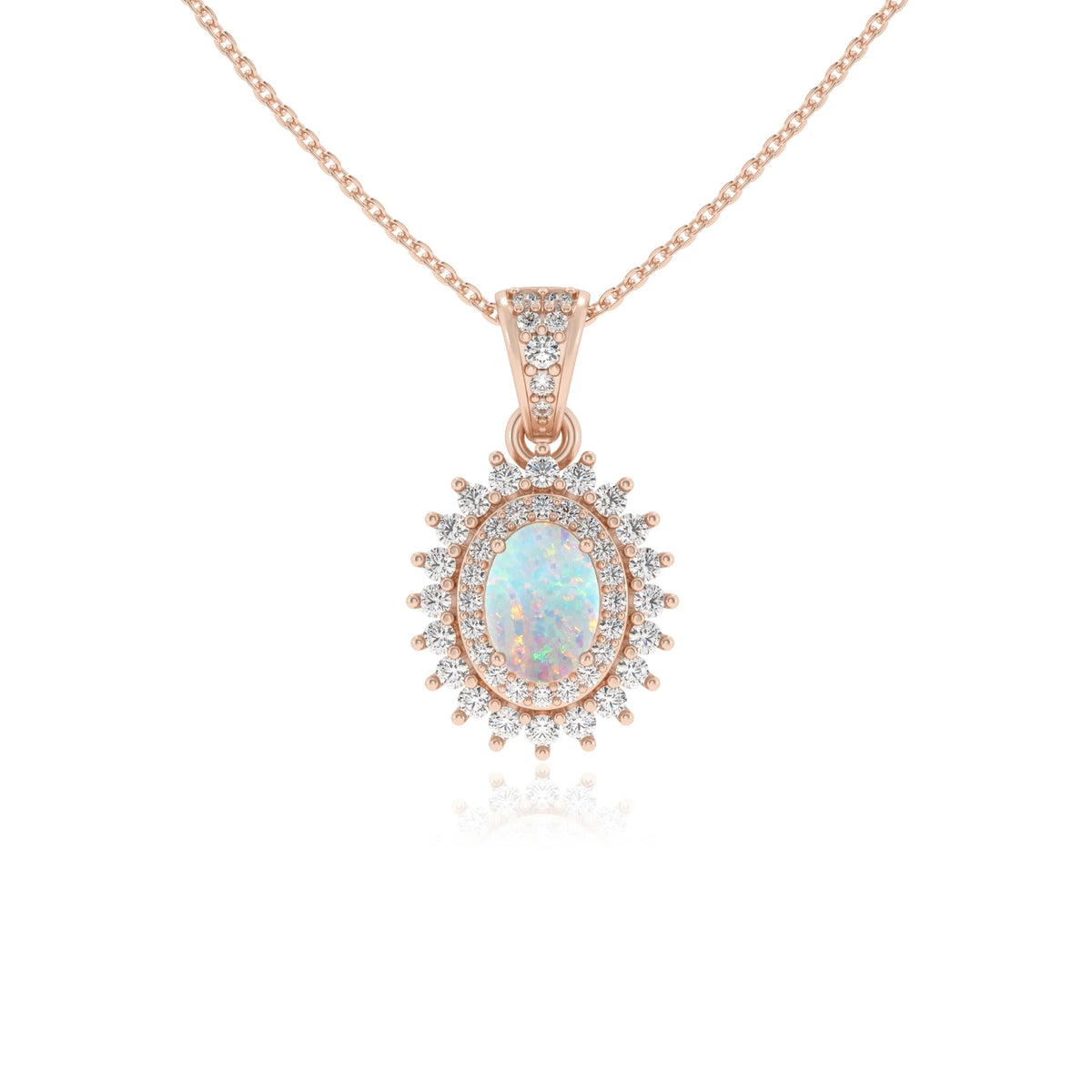 lab grown opal oval halo necklaces in rose gold 
