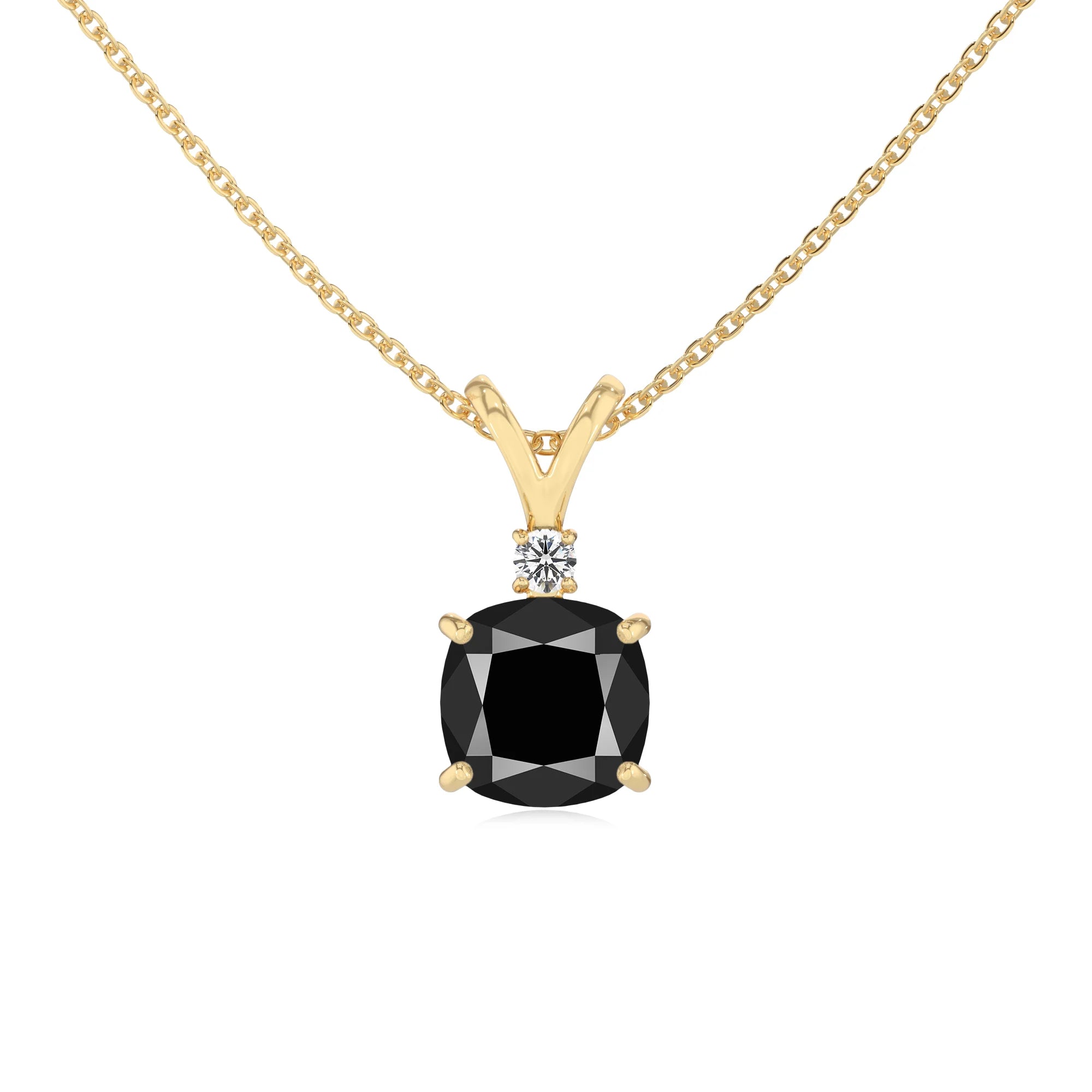 natural black-onyx cushion solitaire v-bale necklaces in yellow gold 
