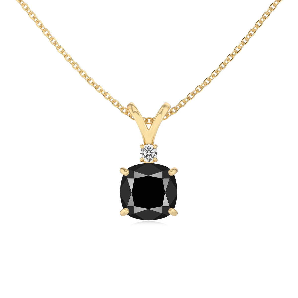 natural black-onyx cushion solitaire v-bale necklaces in yellow gold 