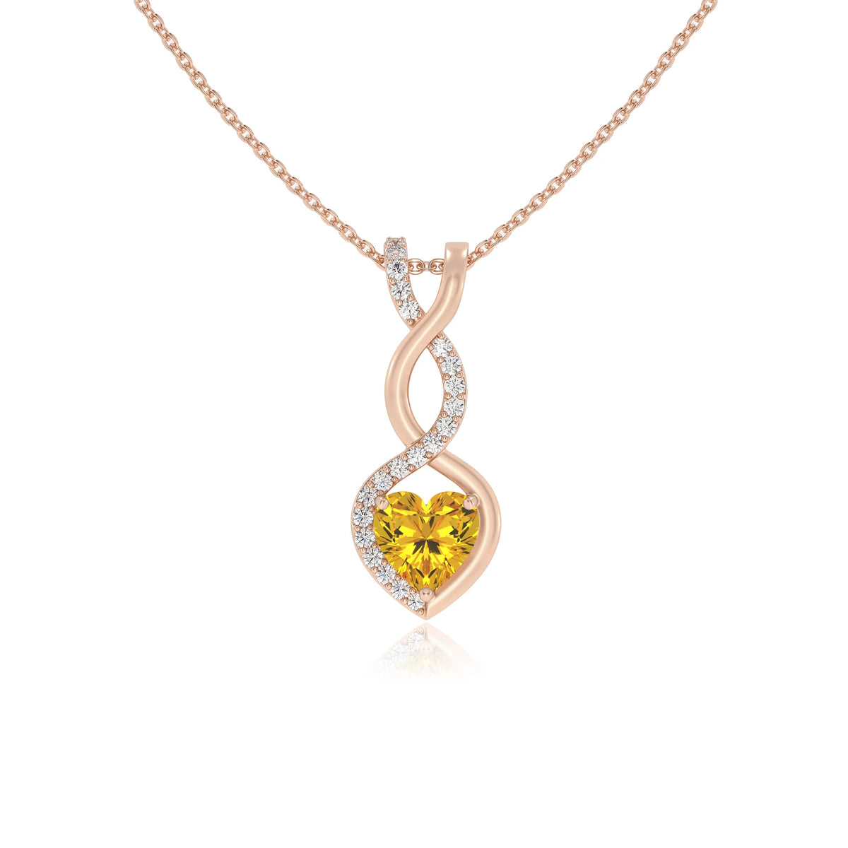 lab grown yellow-sapphire heart infinity necklaces in rose gold 