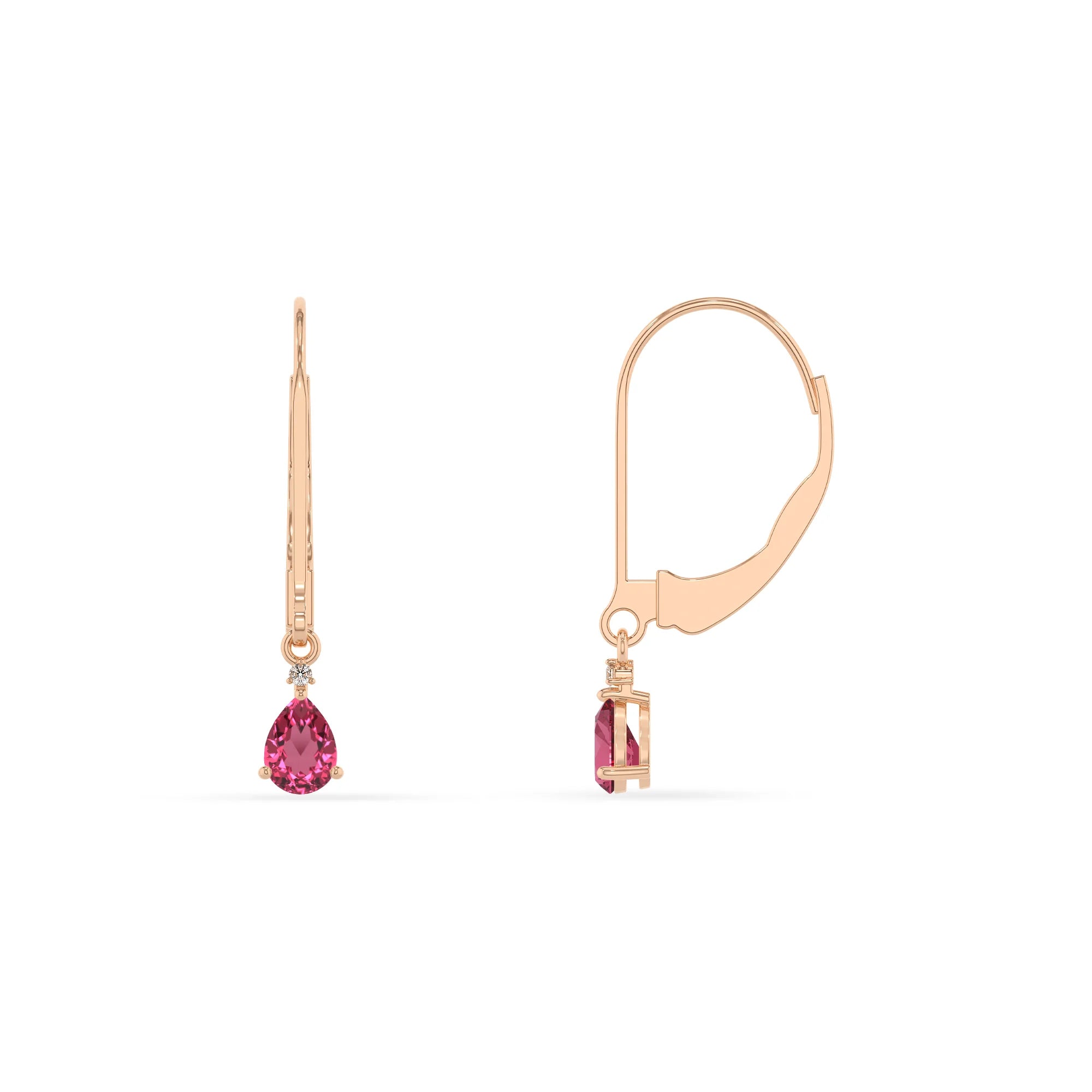 lab grown pink tourmaline pear drop earrings in rose gold 