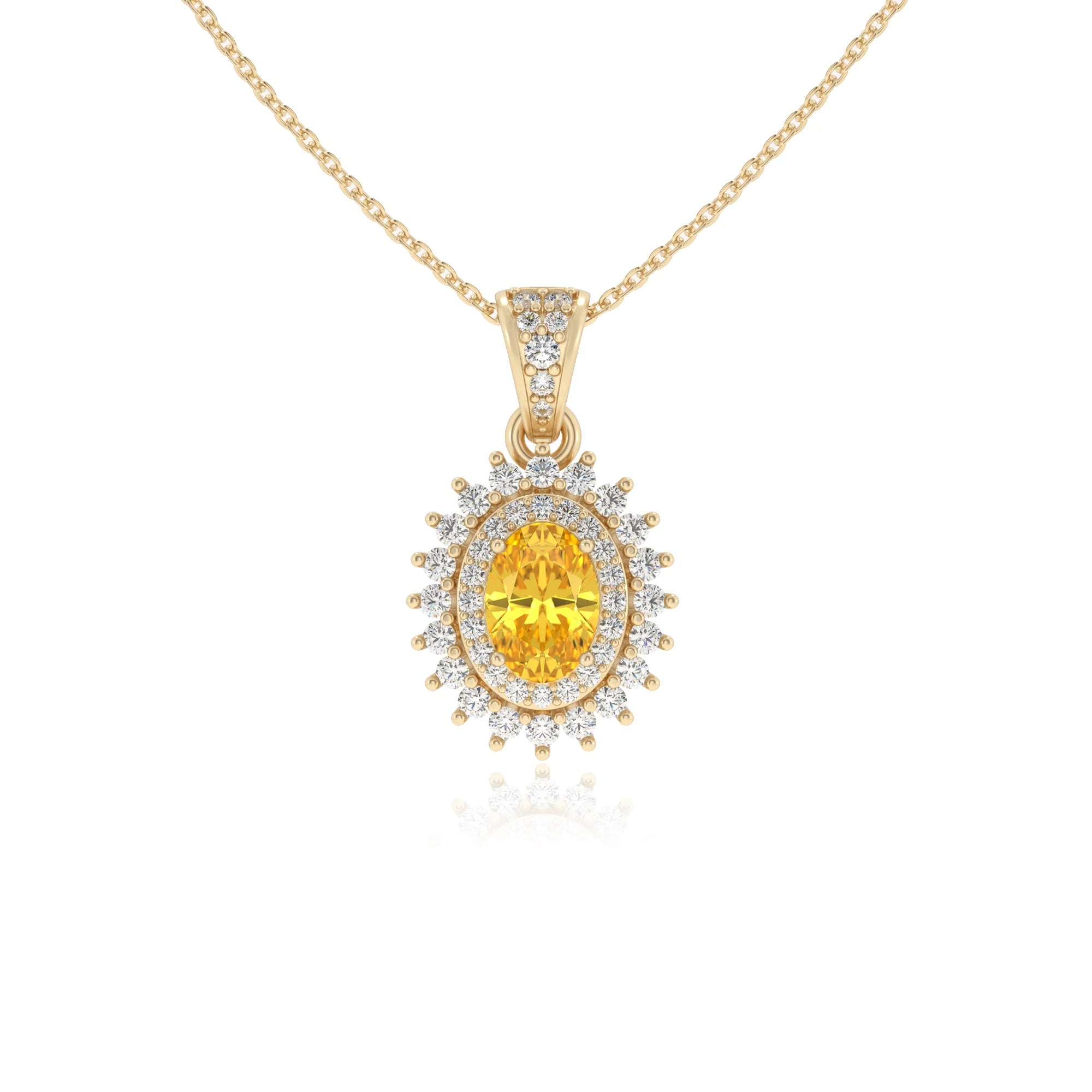 lab grown yellow-sapphire oval halo necklaces in yellow gold 