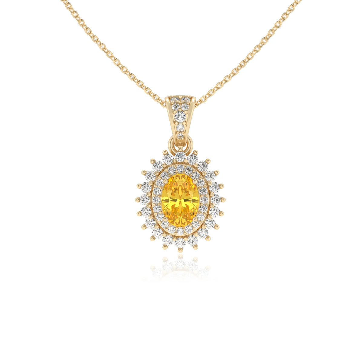 lab grown yellow-sapphire oval halo necklaces in yellow gold 