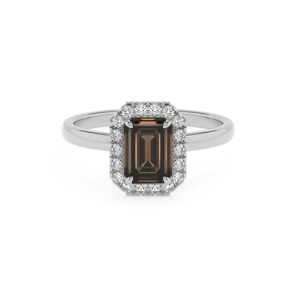 natural smoky-quartz emerald cut solitaire rings in white gold 