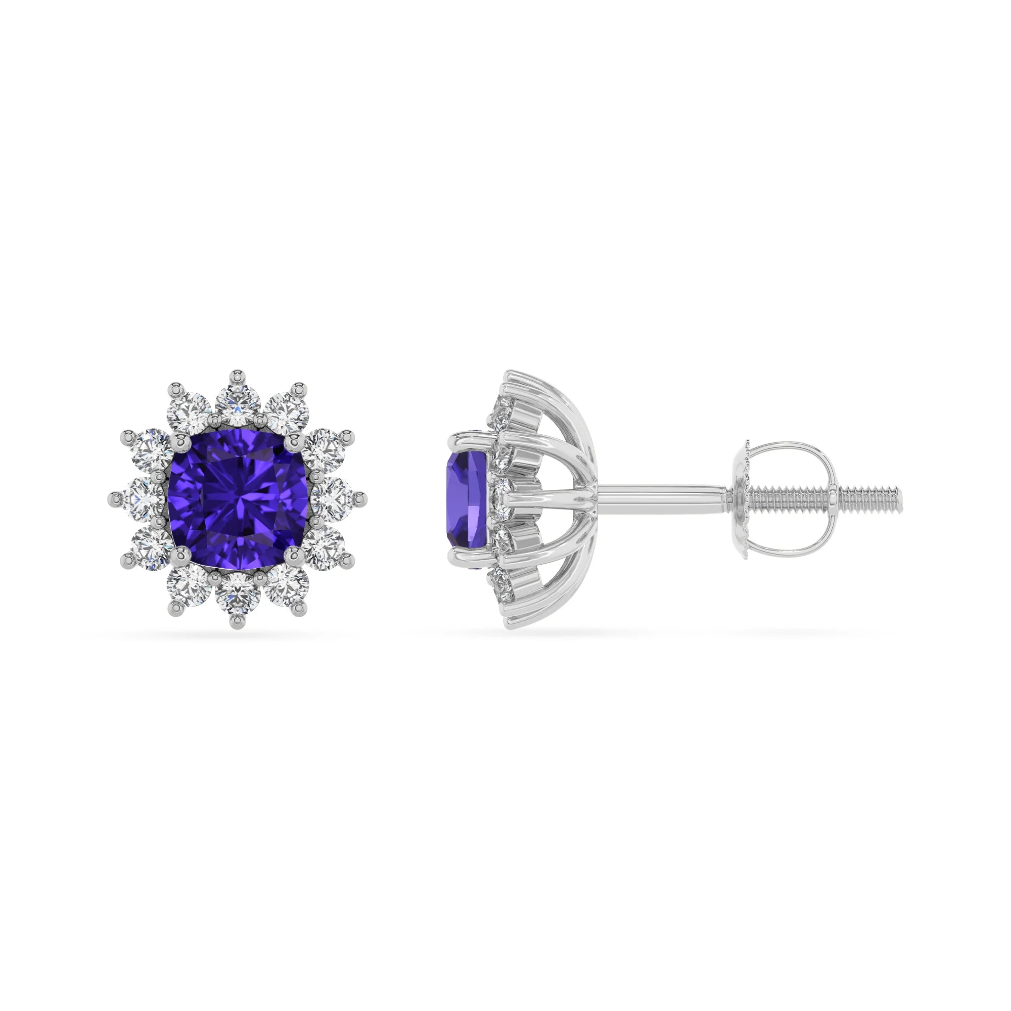 lab grown tanzanite cushion stud earrings in white gold 